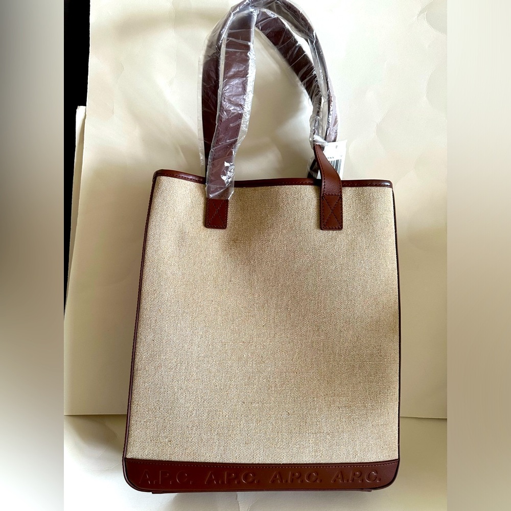 A.P.C. Leather Canvas Logo Embossed Vertical Tote Bag